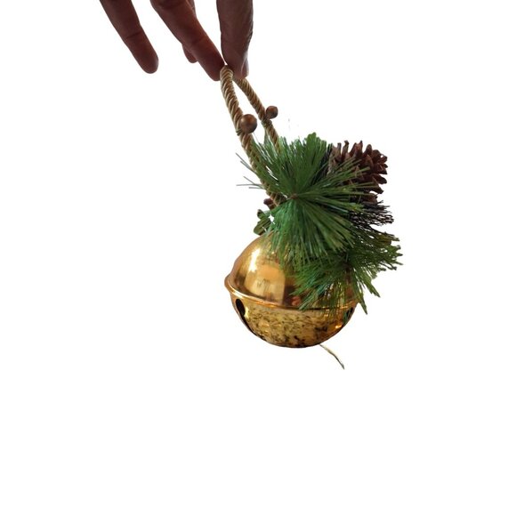 Gold Christmas Jingle Bell Ornament Pinecone Greenery Twisted Rope Handle - Picture 4 of 7